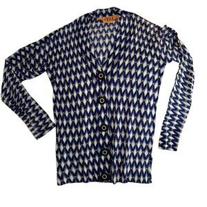 Tory Burch INdigo blue white Ikat print 100% wool Cardigan sweater S
